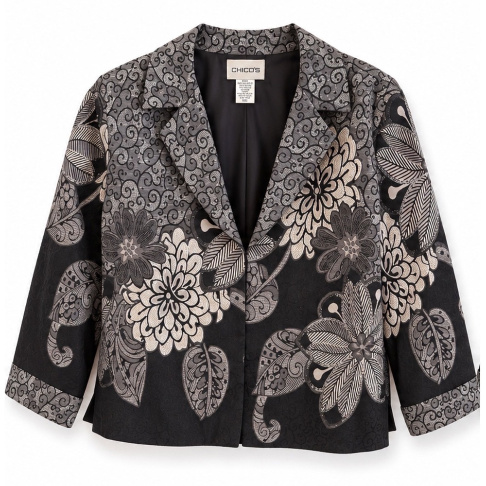 Chicos Floral Jacquard Blazer Jacket Black Silver Grey Size 1 Medium Notch Lapel